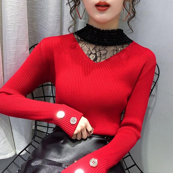 

women's sweaters 2021 women autumn lace half turtleneck pullovers ladies slim sweater bottoming long sleeve knitted l247, White;black