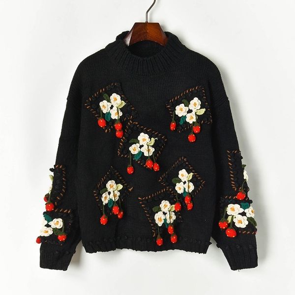 

spring hand three-dimensional hook flower thick needle thread woman's pullover ta91003 yn9f, White;black