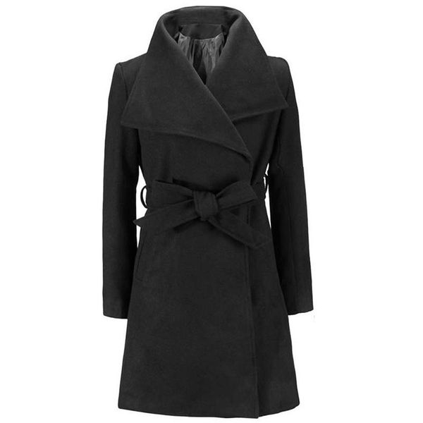 

winter women wool coat warm lapel belted jackets solid color slim fit casual coats female long style outerwear, Black