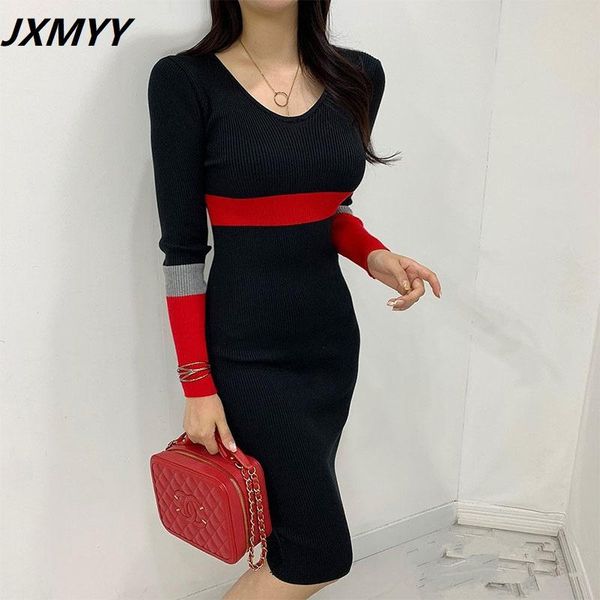 

casual dresses 2021 autumn and winter style sweater dress fashion v-neck full-sleeve patchwork color jacket knitted elegant, Black;gray