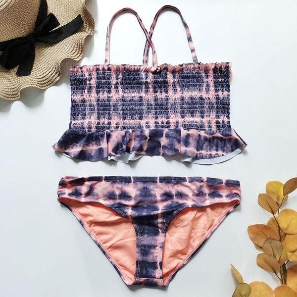 

tie dye girl swimsuit smocked tankini ruffle teenage girl bikini set two piece young girls bathing suit beachwear 2021 biquini
