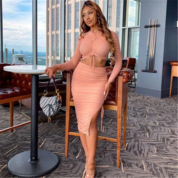 

womens two piece dress fashion trend mesh drawstring shrink long sleeve short skirt sets designer female autumn casual slim 2pcs sets, White