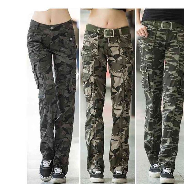 Mulheres Workout Casual Casual Camuflagem Camuflagem Calças de Jeans Calças Denim Macacão Senhoras Retas Multi-bolso Calças Pantalon Femme 210925