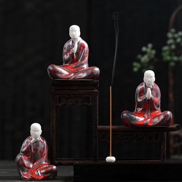 

ceramic creative chinese zen buddhism little monk incense burner white porcelain buddha statue incense stick holder home decor