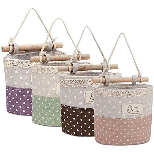 

storage baskets 4pcs lovely hanging bag, waterproof cotton jute basket pouch for toys, makeup, small items, books