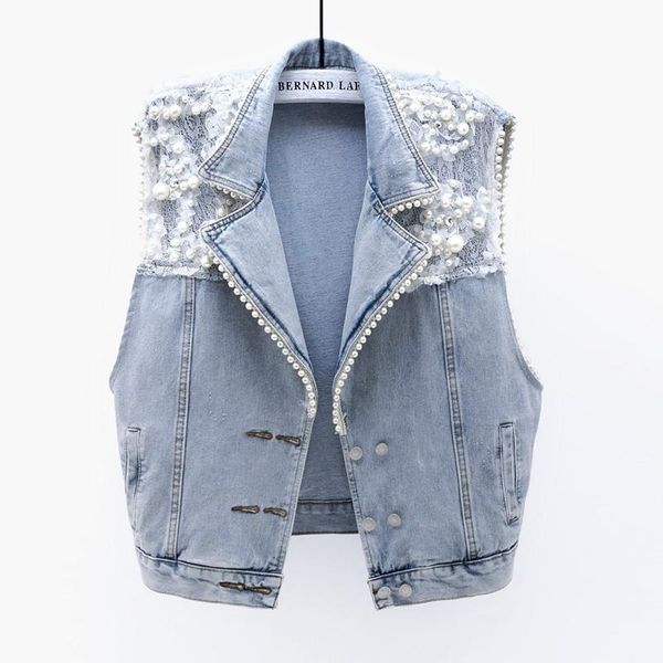 

women's vests korean fashion lace splicing beading diamonds denim vest women summer casual jeans female loose waistcoat sleeveless jack, Black;white