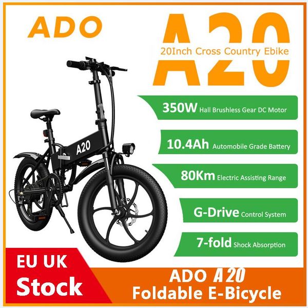

[eu uk stock,no tax] ado a20 foldable electric bicycle 20inche tire e-bike 350w dc motor 35km/h removable battery mountain bike
