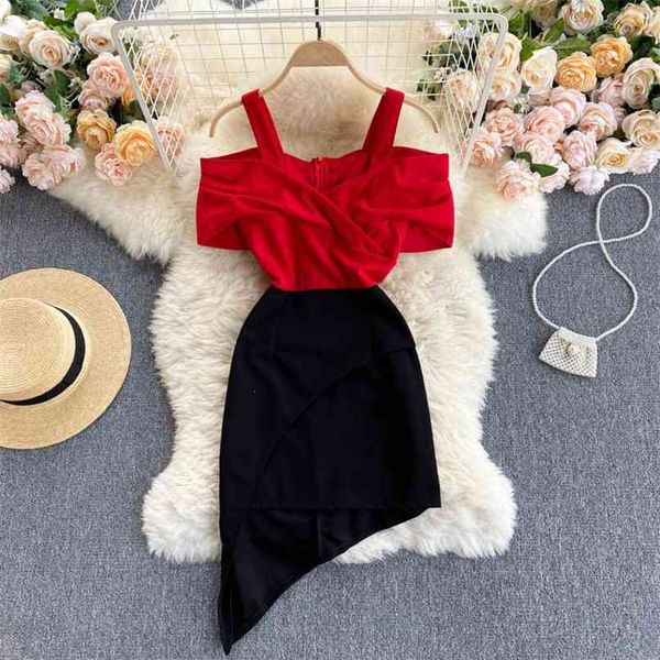 

women fashion slash neck summer bump stitching irregular package hip mini dress vintage vestidos de mujer s074 210527, Black;gray