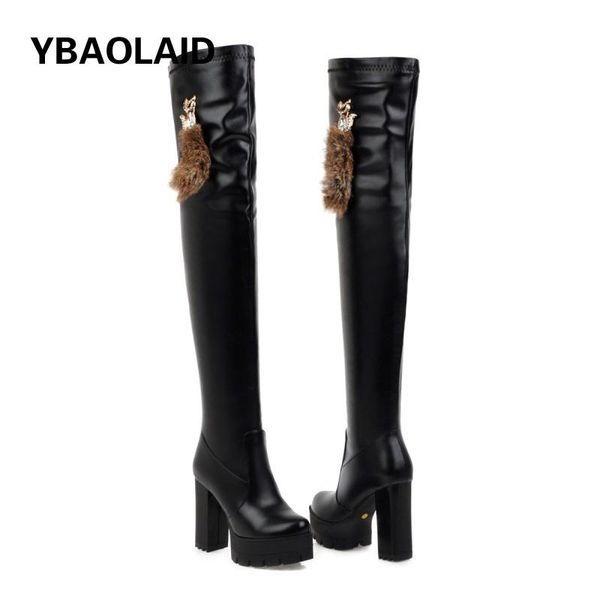

boots plush lining thick-heeled thick-soled over-the-knee 2021 winter crystal decoration 11cm high-heeled long, Black