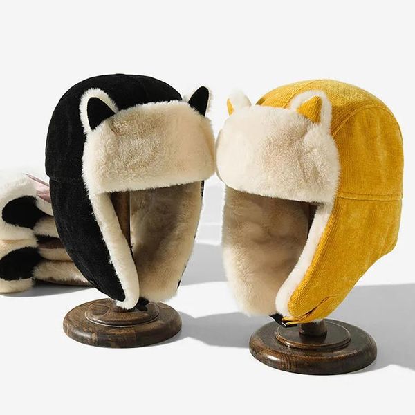 

cycling caps & masks winter women bomber hat cute cat ears lei feng warm thick cashmere windproof ear protection outdoor skiing, Black