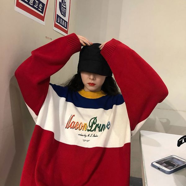

2021 new loose round neck print stripe contrast knitted sweater autumn college style fashion 00zj, White;black