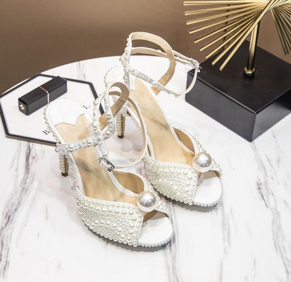 

sandals summer sweet beige pearl hollow fish mouth fine high-heeled bridal wedding shoes large size banquet dress female, Black