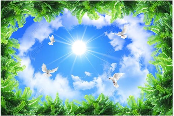 

wallpapers custom ceiling wallpaper 3d zenith mural modern blue sky, white clouds, pigeons, green leaves, fresh decor