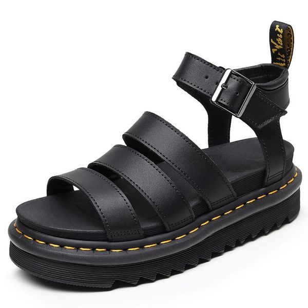 

sandals summer blaire women's roman buckle open toe thick soled leather fish mouth muffin shoes for women, Black