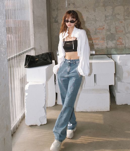 

2021 new streetwear woman high waist splash-ink blue printed ripped jeans for women straight leg pants y2k korean fashion 4dmf