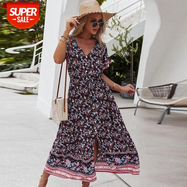 

women maxi dress floral print v neck short sleeve summer dress new casual high waist button bohemian female beach vestidos #lu8k, White;black