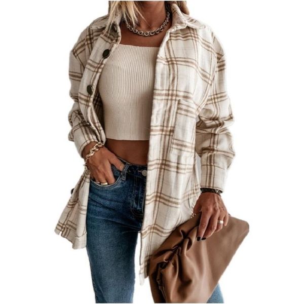 

ladies spring autumn plaid shirt women chic long sleeve pocket casual blouse shirt women loose shirts female blusas, White
