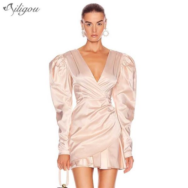 

pink deep v neck full sleeve elegant mini dress women's lotus leaf fold celebrity party 210525, Black;gray