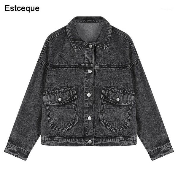

women's jackets solid turn-down collar jean jacket for women loose casual fashionable coats female outwear denim feminine, Black;brown