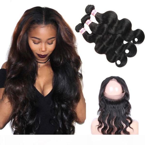 

brazilian body wave 360 lace frontal closure with bundles brazilian virgin hair extensions human hair pre plucked 360 frontal with bundles, Black