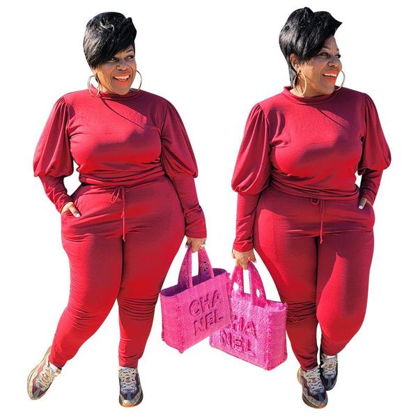

women's two piece pants plus size sets solid color winter o-neck lantern sleeve lace-up sport casual tracksuits sweatsuits, White