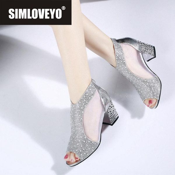 

simloveyo new 2021 women sandals open toe block heels zip crystal bling stylish concise size 35-39 casual silver a3878, Black