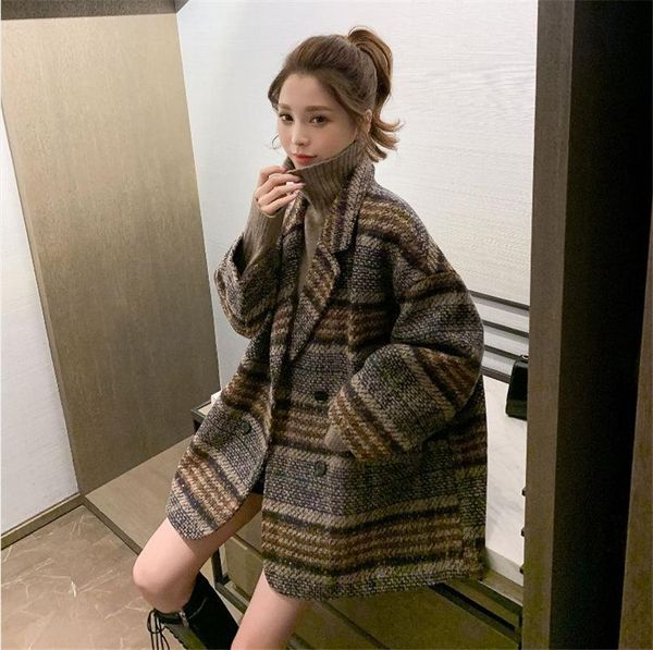 

women's jackets chic elegant white thick plaid single breasted coat jacket 2021 winter, Black;brown