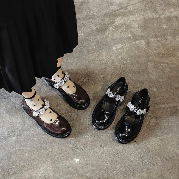 

dress shoes women's mary jane rhinestone spring sweet med heels pumps thick heel round toe shallow mouth lolita bead oulyyyogo, Black