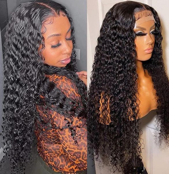 

lace wigs water wave front wig 36inch transparent human hair deep curly full frontal bleached knots preplucked, Black;brown