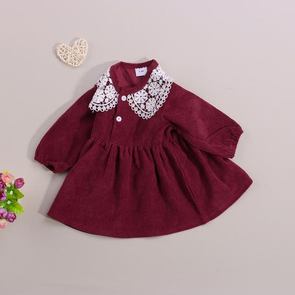 

girl's dresses 0-24m fashion autumn baby girls dress clothes lace doll collar ruffle long sleeve corduroy a-line princess outfit, Red;yellow