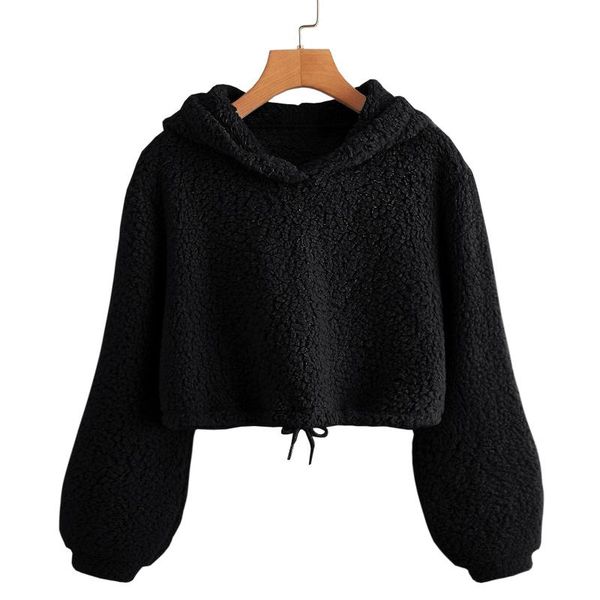 

women's hoodies & sweatshirts womens plush solid color pullover long sleeve drawstring hooded sweatershirt ladies winter hoodie, Black