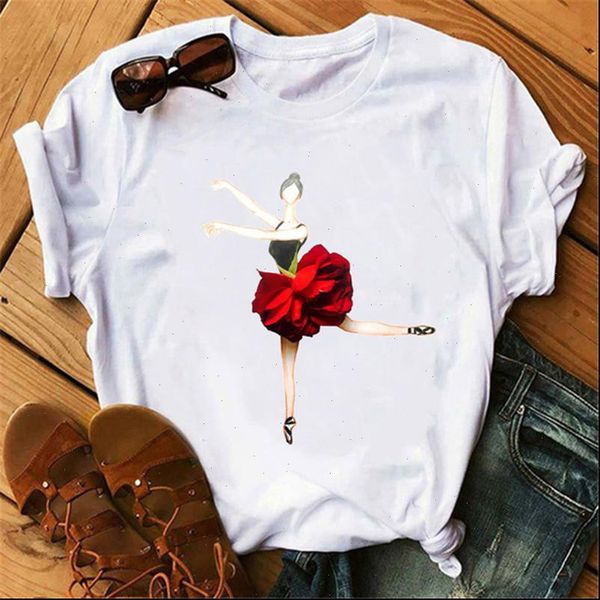 

illustration of flower ballet dancer print t shirt women vogue 90s t shirt camiseta mujer korean style clothes white tshirt