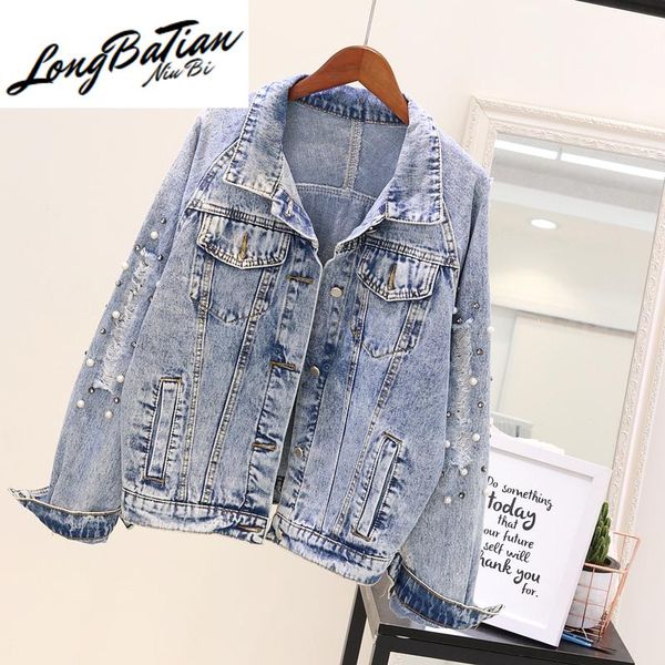 

women's jackets spring autumn beading 2021 loose vintage denim women fashion basic jeans jacket big size outwear, Black;brown