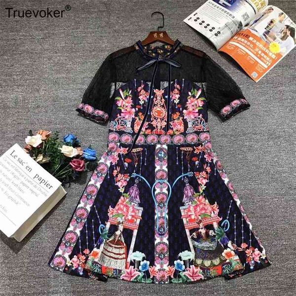 

truevoker lady runway fashion lace prom dress short sleeve ethnic totem print perspective patchwork mujer vestido 210602, Black;gray