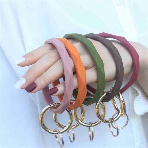 

diamond-shaped silicone bracelet bangle key ring metal big circle loop wristband tiktok keychain solid elegent bracelets purse bag charms ha, Red;brown