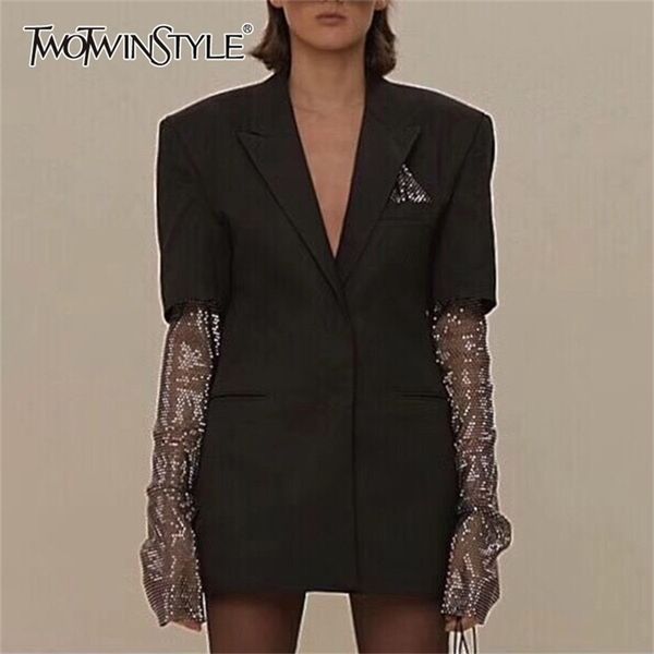 

twotyle summer solid blazer for women long sleeve diamond patchwork long elegant coat female fashion clothing 211022, White;black