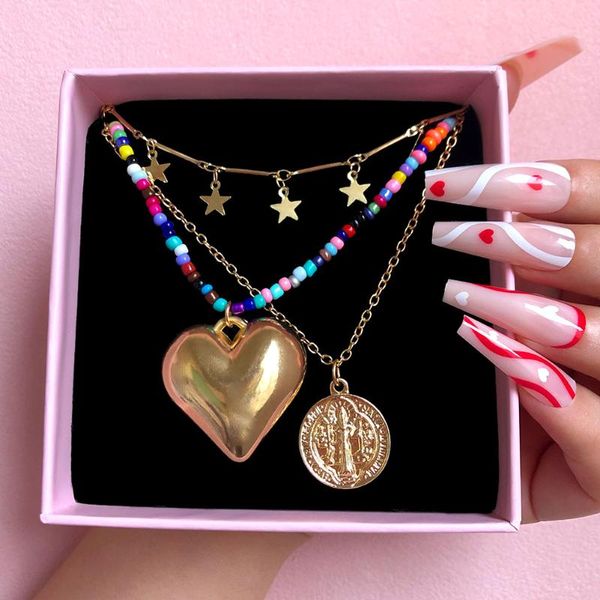 

chains flatfoosie multi-layer colorful beaded choker necklaces for women golden coin portrait heart pendant necklace boho jewelry, Silver