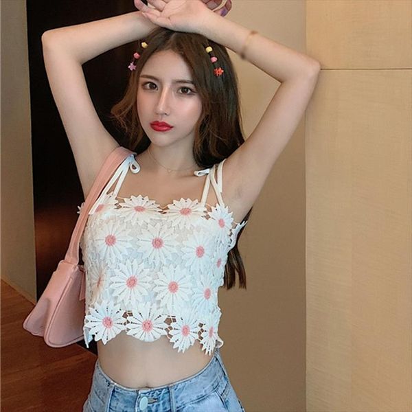 

floral lace summer women tank casual vest sleeveless fashion crop, White