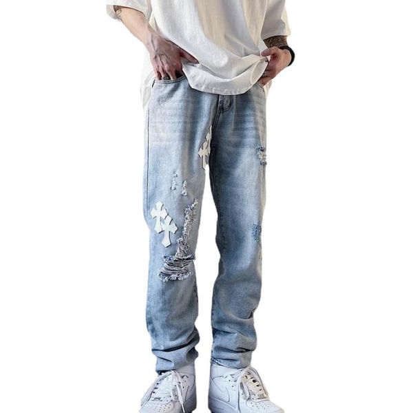 

men's jeans high street cross baggy man streetwear ripped fashion pencil pants slim jean trousers women boyfriend, Blue