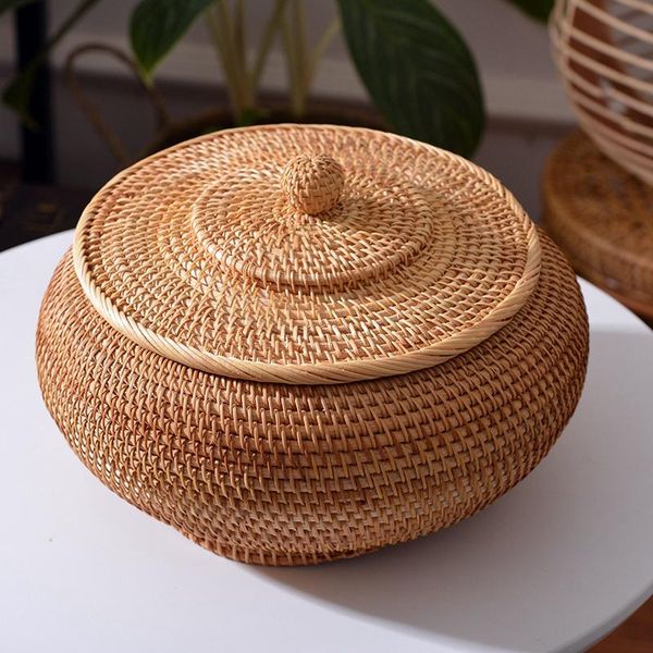 

storage baskets round rattan boxes with lid hand-woven multi-purpose wicker tray 11 inch picnic food bread table basket
