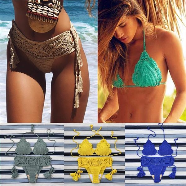 

11 color handmade crochet bikini womens swimsuit set retro hollow women swimwear beach suit, White;black