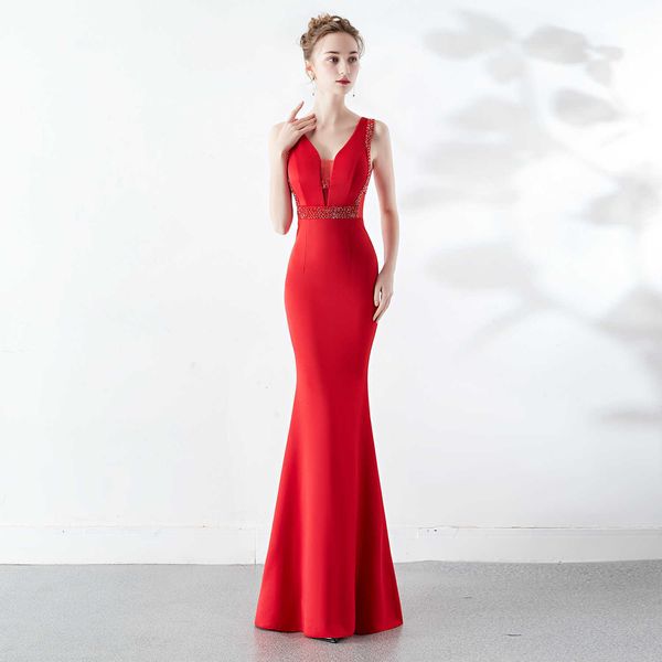 

luxury party evening dress 1260# evening female celebrity fishtail long host with thin temperament v-neck summer, White;pink