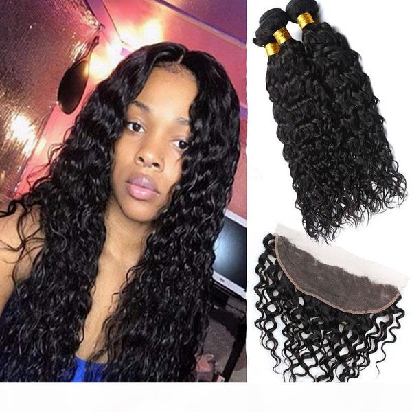 

water wave 3 bundles with 13x4 lace frontal 4 pieces lot brazilian virgin hair extensions 8-30inch lace frontal with 3 bundles, Black;brown