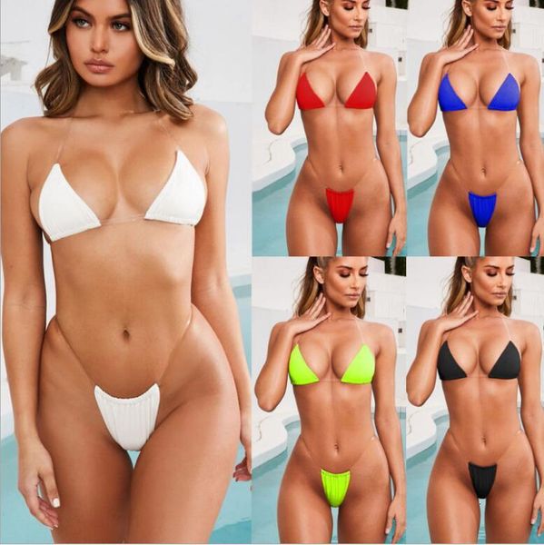 

summer women transparent straps halter neck new solid micro g-string bikini set bra thong push up swimwear bathing swimsuit, White;black