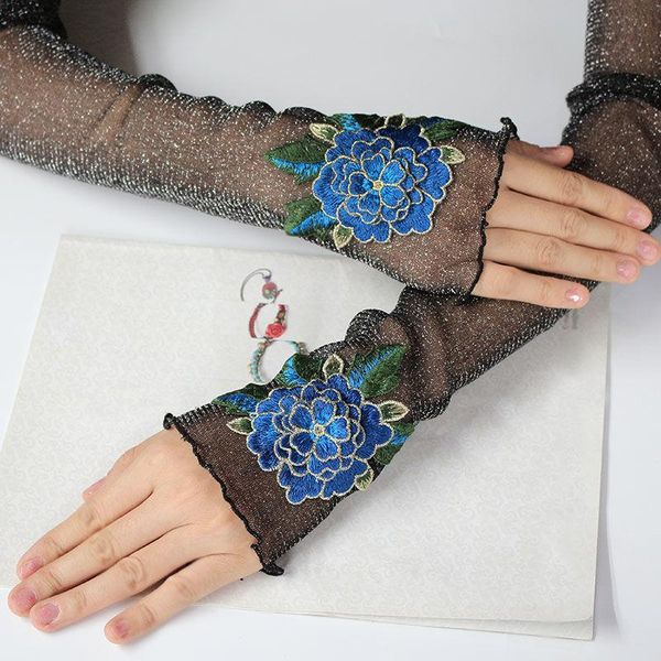 

five fingers gloves long fingerless arm cover embroidered cotton wrist sleeves sleeve summer womens, Blue;gray