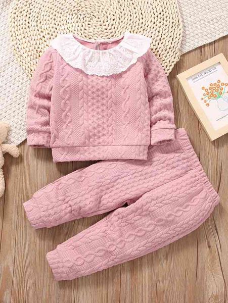 

baby ruffle trim cable textured sweatshirt & sweatpants she, White