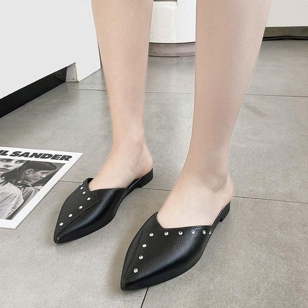 

shoes women's fashion 2021 spring elegant women nude beige pointed toe outside solid pu slipper slides zapatillas mujer, Black