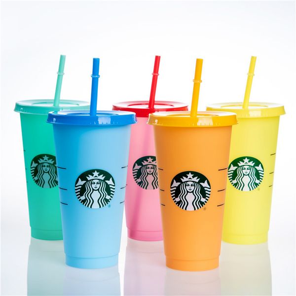 

starbucks 24oz/710ml plastic mugs tumbler mermaid goddess color change reusable clear drinking flat bottom pillar shape lid straw cups mug