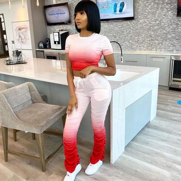 

gradient two piece set for women tracksuit summer crop stacked pants suit club outfits matching sets ensemble femme, Gray