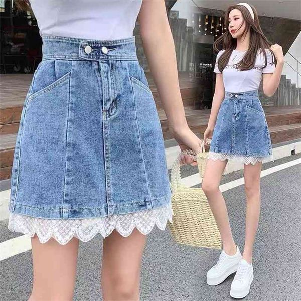 

summer high waist slim simple denim skirt casual plus size all-match women a-line short 210527, Black